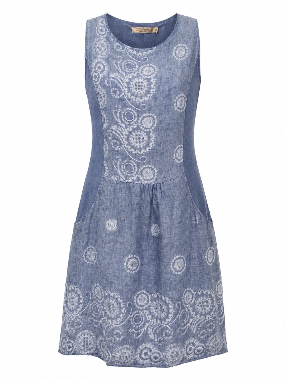 Luisa Perla Made in Italy Blue Linen Embroidered Sleeveless Dress Size M NWT